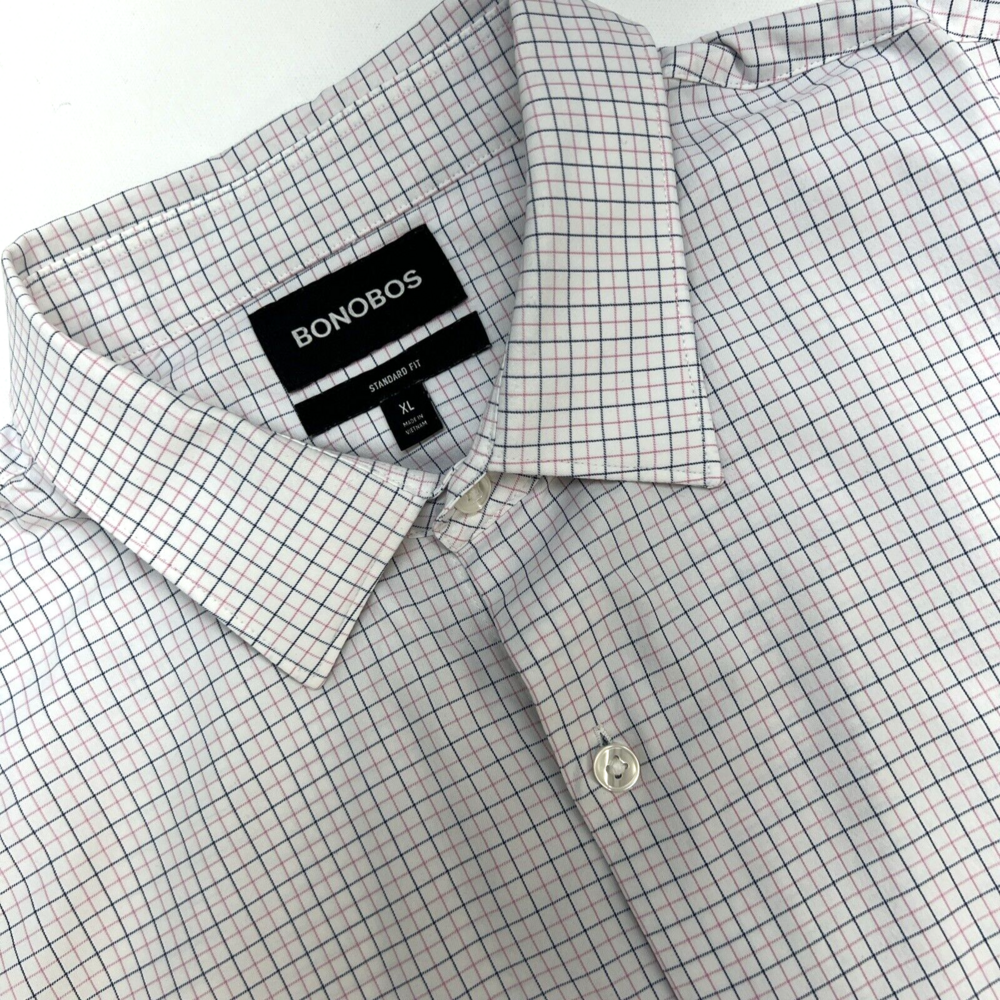Bonobos Standard Fit Button Long Sleeve Nylon Shirt Men XL White Pink Navy Check